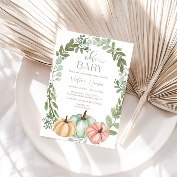 Fall Baby Shower Invitation Template, Fall baby shower Gender Neutral, Autumn baby shower Printable Invitation, Wreath, Pumpkins, BF106 - Image 3