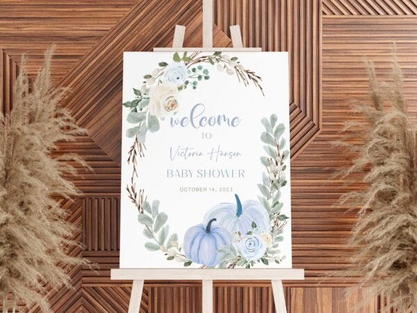 Boy Pumpkin Baby Shower Welcome Sign, Fall Baby Shower Sign, Autumn Baby shower, Blue Pumkins Baby Shower Decoration, Printable sign - Image 2