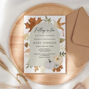 Falling in Love Baby Shower Invitation, Autumn Babyl Shower Invitation template, Boho invite, Pumpkins and Autumn Leaves, Floral watercolor