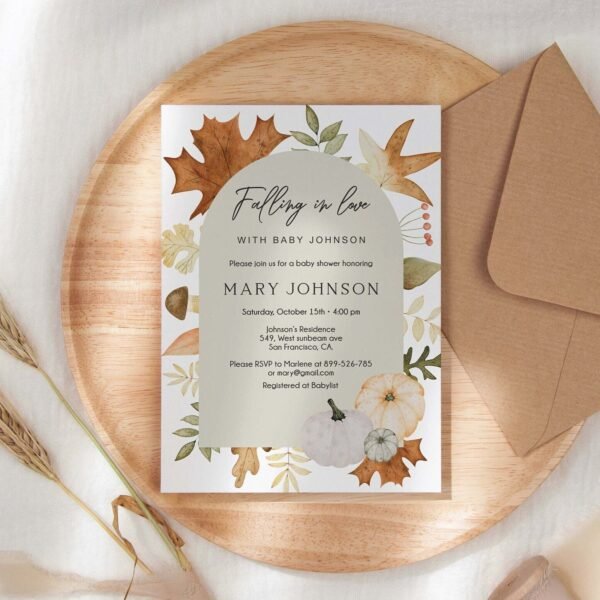 Falling in Love Baby Shower Invitation, Autumn Babyl Shower Invitation template, Boho invite, Pumpkins and Autumn Leaves, Floral watercolor