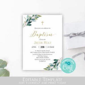 Baptism invitation Boy or Girl, Greenery Baptism Invites for Twins or Siblings, Editable Template, Printable, Neutral Gender, Gold, 5x7
