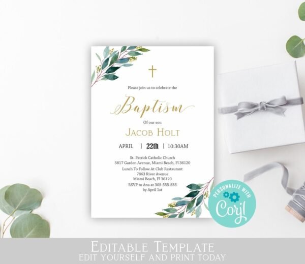 Baptism invitation Boy or Girl, Greenery Baptism Invites for Twins or Siblings, Editable Template, Printable, Neutral Gender, Gold, 5x7